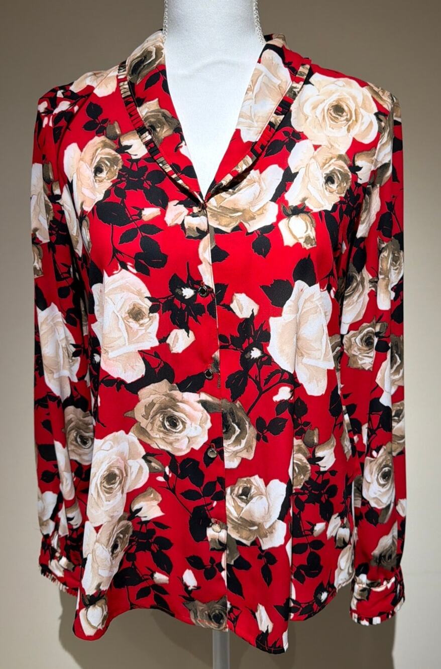 Karl Lagerfeld Red and Black Floral Long Sleeve Blouse Size S